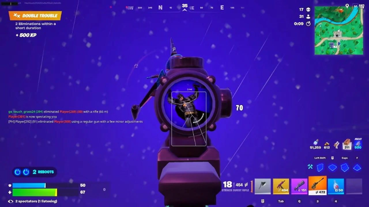 Fortnite Cheats aimbot — scoped view with skeleton ESP and distance on an enemy in Fortnite