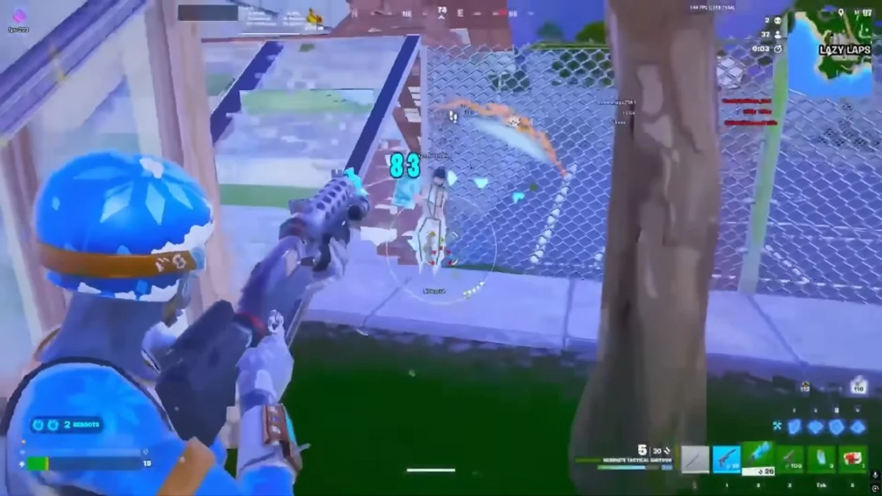 Fortnite Cheats player ESP — enemy tagged through a fence with shotgun combat on Windows PC
